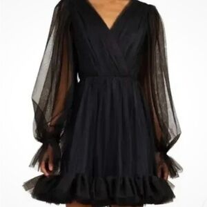 Trina Turk Moonstruck Balloon-Sleeve Tulle Mini Dress in navy blue NEW
